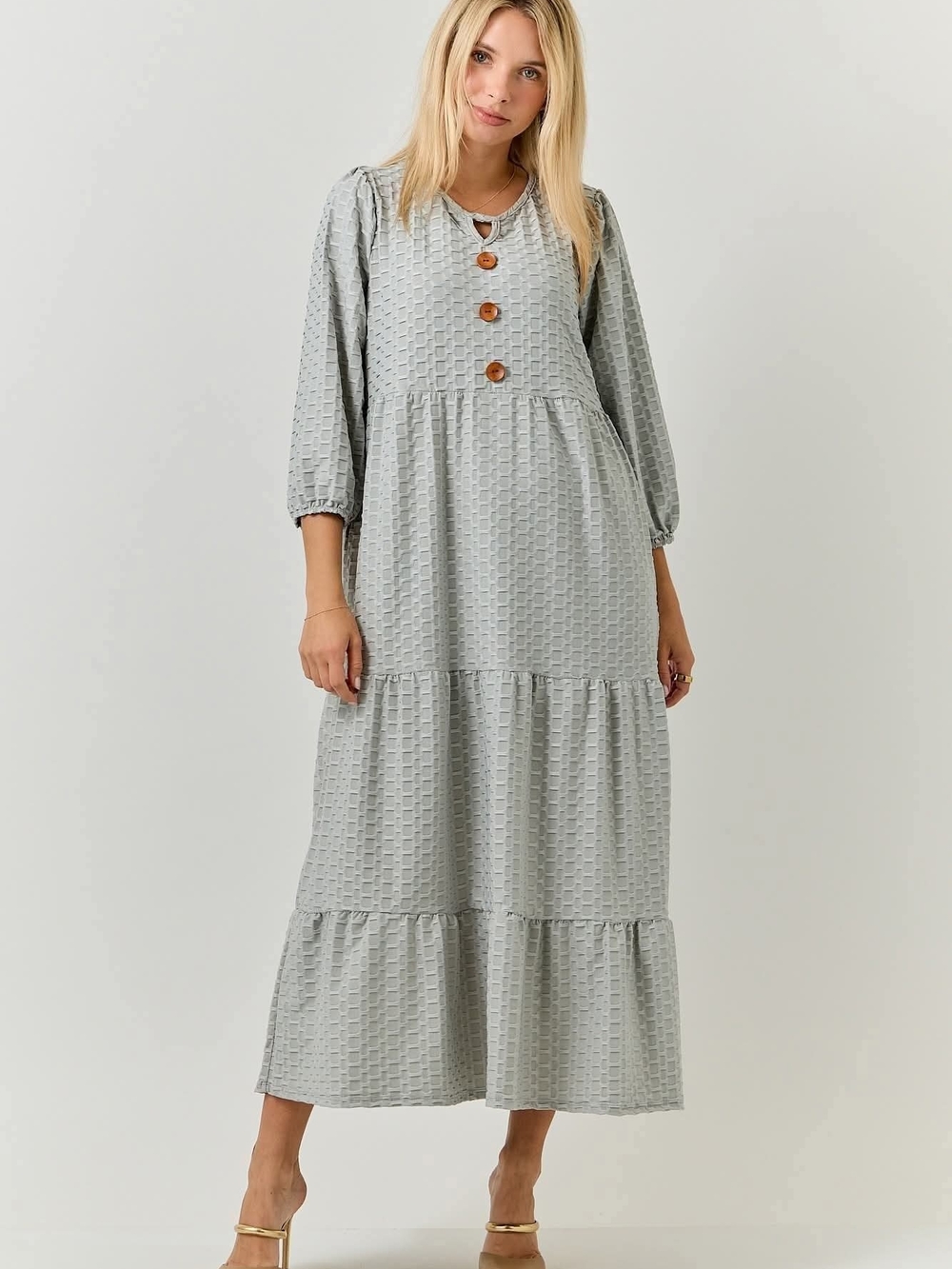 Celeste Light Gray Tiered Maxi Dress with Wooden Buttons